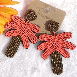 Boho Seed Bead Coral Palm Tree Post Drop Earrings